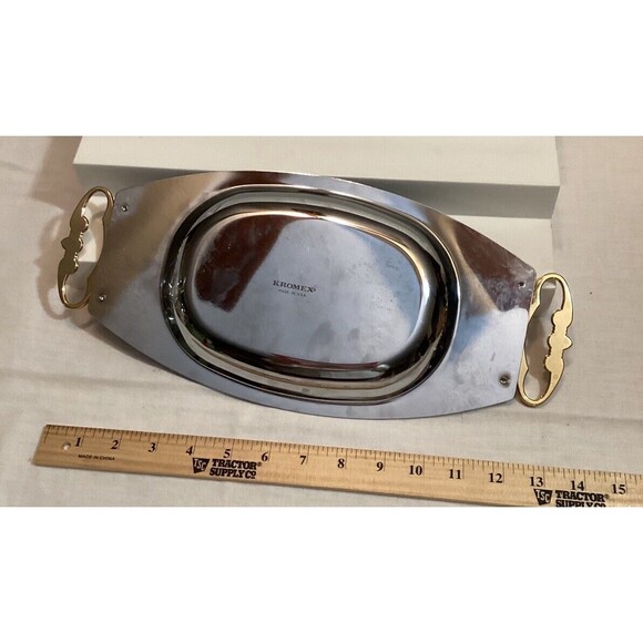 Kromex MCM Silver Serving Bar Tray Dish Platter Gold Metal Handles Mid Century - Picture 8 of 11